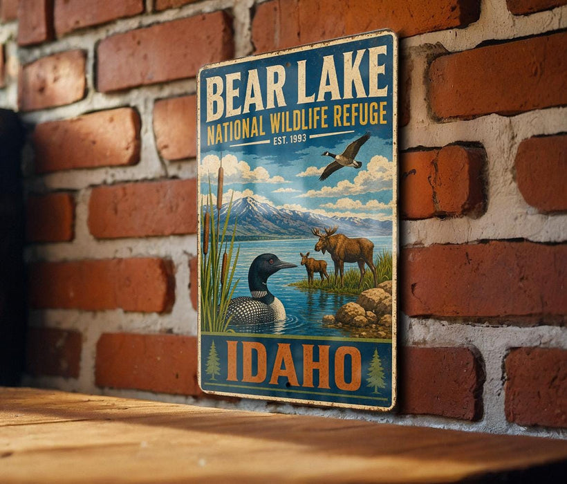 A vintage-style metal sign for the Bear Lake National Wildlife Refuge in Idaho, featuring illustrations of various wildlife such as a moose, loon, and a bear.