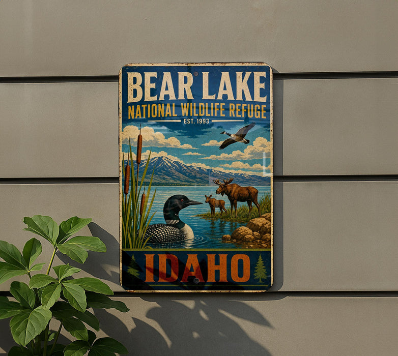 A vintage-style metal sign for Bear Lake National Wildlife Refuge in Idaho, featuring an illustration of various wildlife, including a moose, a loon, and a duck, set against a scenic landscape.