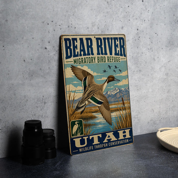 A vintage-style metal sign with a bird illustration and text, placed on a gray surface next to some black camera lenses.