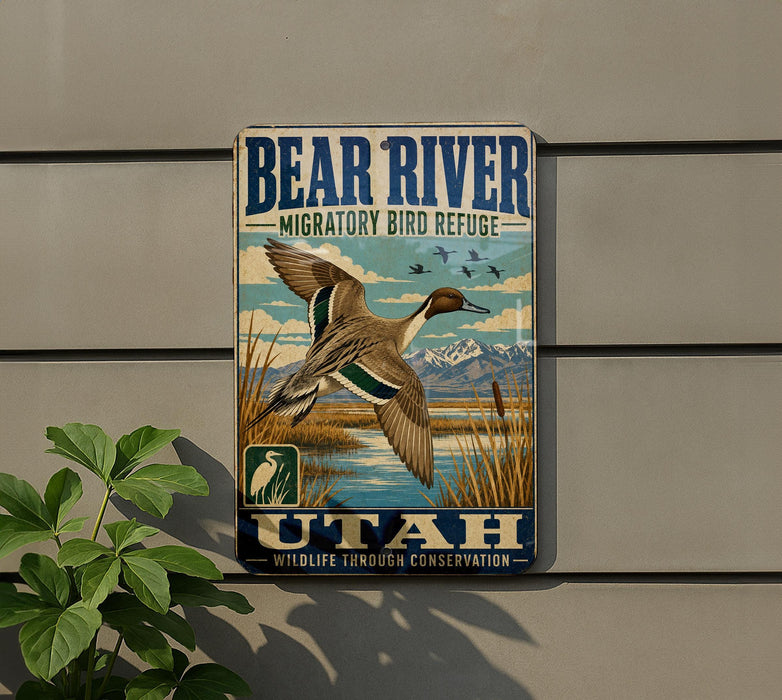 A vintage-style metal sign with a bird illustration, mounted on a wall next to a plant.
