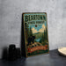 A vintage metal sign for the Beartown State Forest in Massachusetts, featuring a bear and a scenic landscape.
