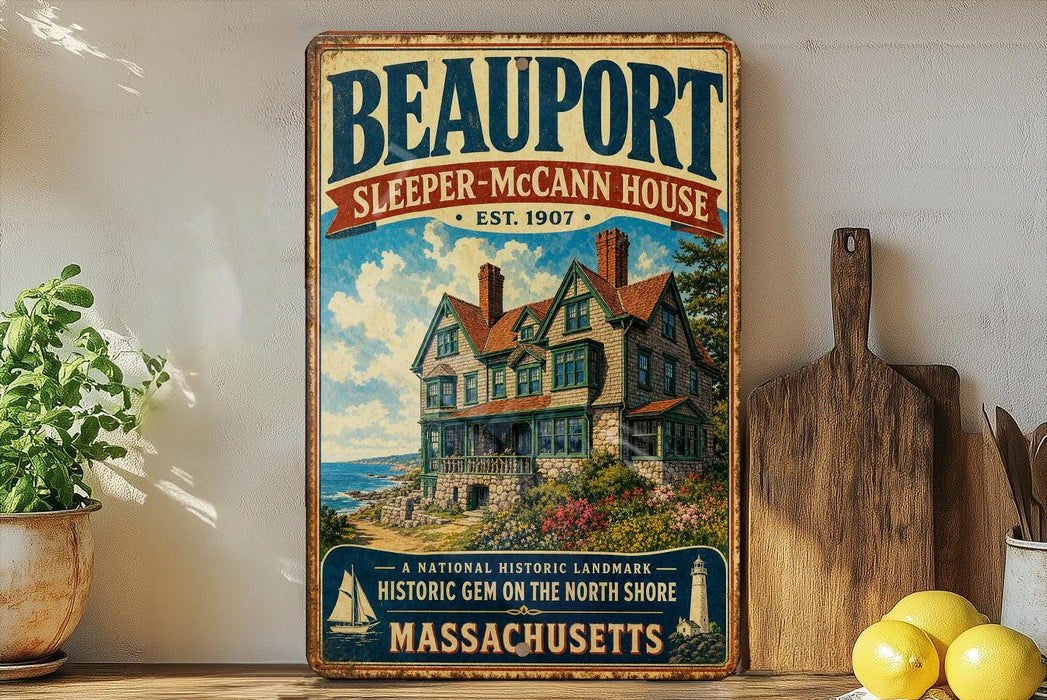 A vintage-style sign for the Sleeper-McCann House, a historic landmark in Beauport, Massachusetts, established in 1907.