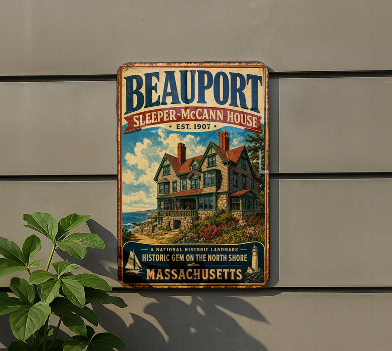 A vintage-style metal sign for the Sleeper-McCann House, established in 1907, located in Beauport, Massachusetts.