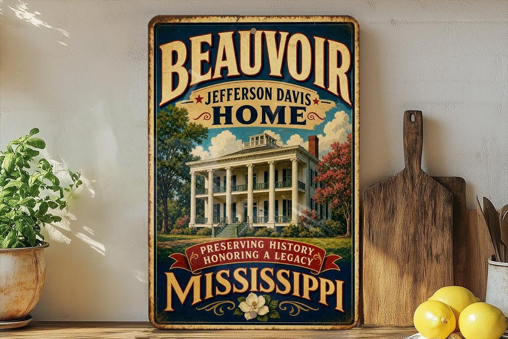 A vintage-style sign for "Beauvoir Jefferson Davis Home" is displayed on a wooden shelf, surrounded by kitchen utensils and a potted plant.