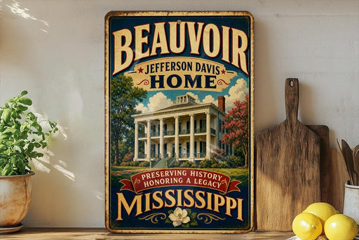 A vintage-style sign for "Beauvoir Jefferson Davis Home" is displayed on a wooden shelf, surrounded by kitchen utensils and a potted plant.