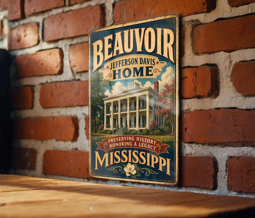 A vintage-style metal sign with the text "Beauvoir Jefferson Davis Home" displayed on a brick wall.