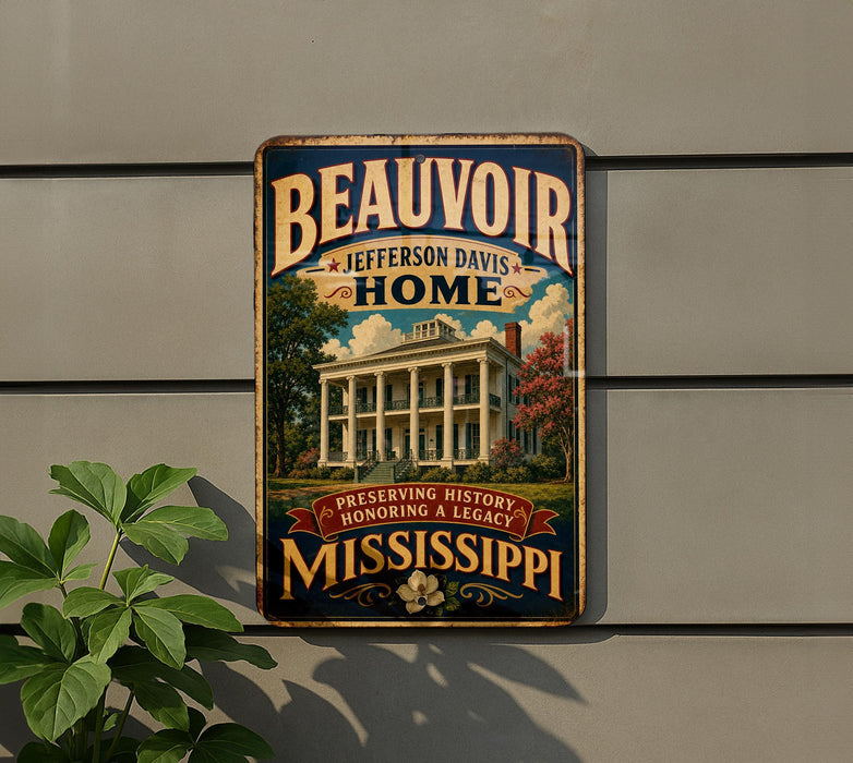A vintage-style metal sign with the text "BEAUVOIR JEFFERSON DAVIS HOME" and "PRESERVING HISTORY HONORING A LEGACY MISSISSIPPI" is displayed on a wall, with a plant to the left.