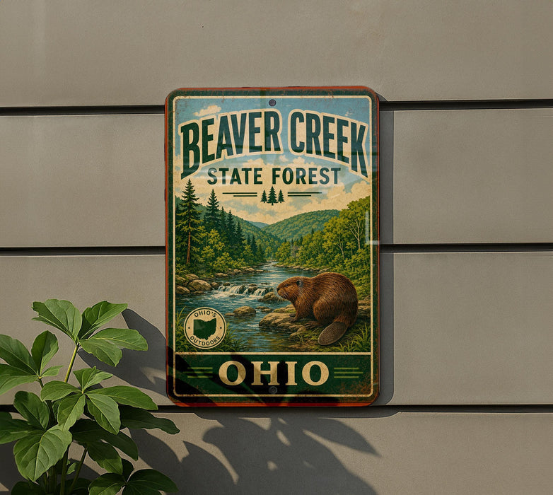 A vintage-style metal sign for Beaver Creek State Forest in Ohio, featuring a beaver in a forest setting.