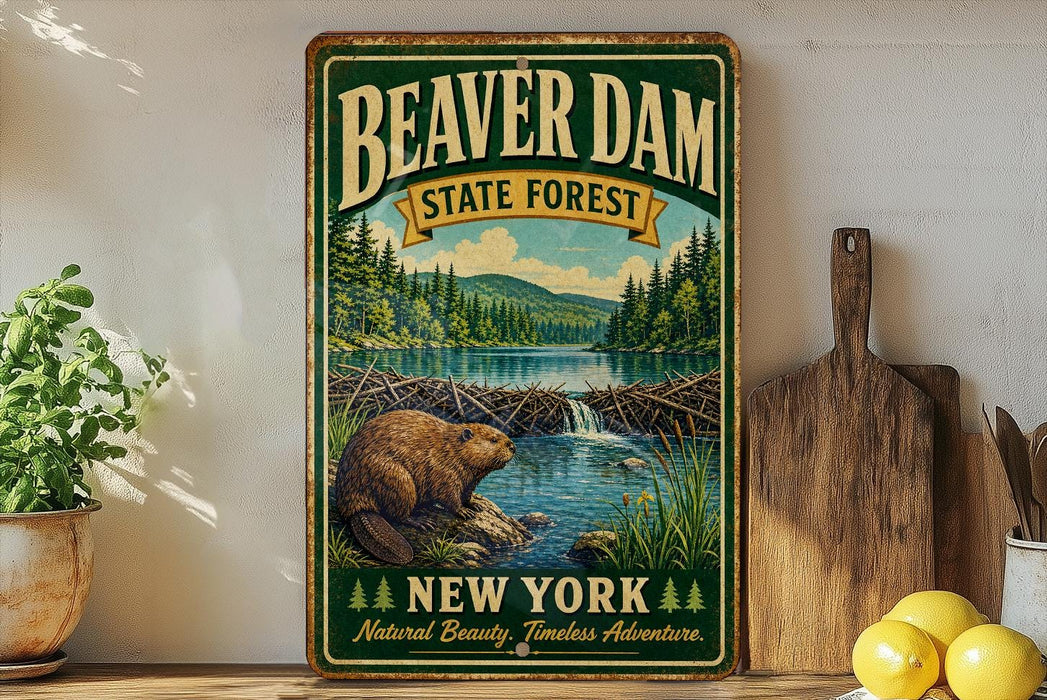 A vintage-style metal sign for Beaver Dam State Forest in New York, featuring a beaver in a natural setting with a waterfall and forest.