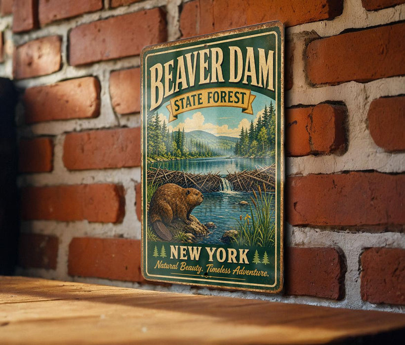 A vintage-style metal sign for Beaver Dam State Forest in New York, featuring a beaver in a dam surrounded by a forest landscape.