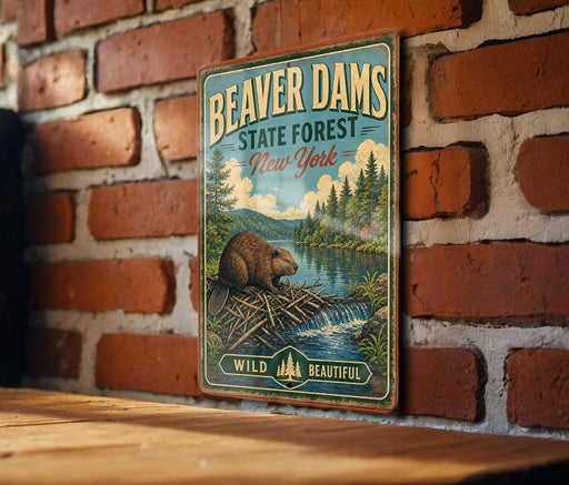 A vintage-style metal sign for Beaver Dam State Forest in New York, featuring a beaver in a wooded area with a river and waterfall.