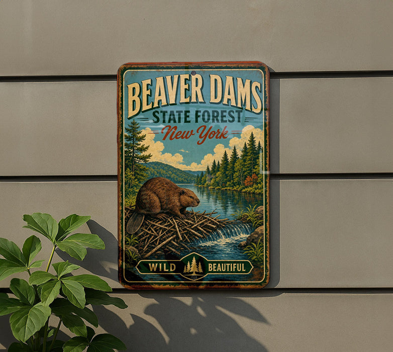 A vintage-style metal sign for Beaver Dam State Forest in New York, featuring an illustration of a beaver in a dam surrounded by trees and a river.