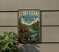 A vintage-style metal sign for Beaver Dam State Forest in New York, featuring an illustration of a beaver in a dam surrounded by trees and a river.