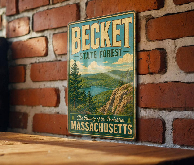A vintage metal sign for Becket State Forest in Massachusetts, featuring a scenic landscape with pine trees and a lake.