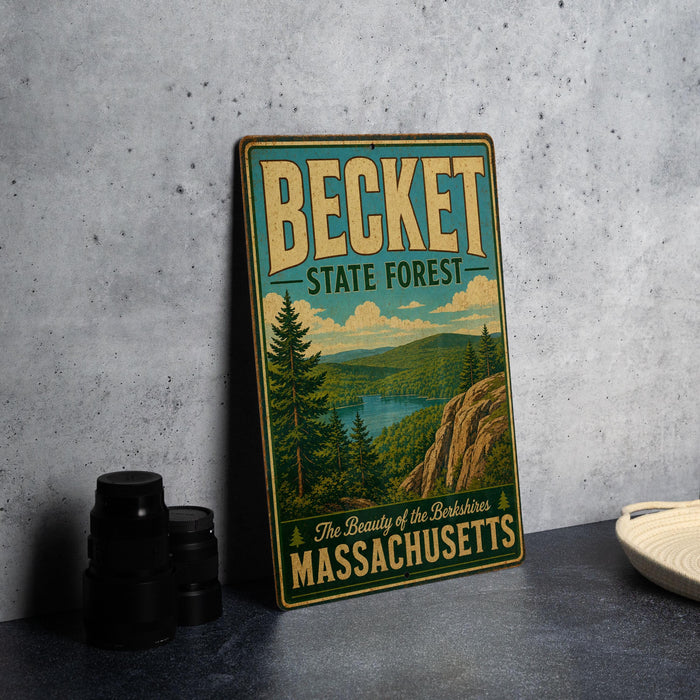 A vintage-style metal sign for Becket State Forest in Massachusetts, featuring a scenic landscape with pine trees and a lake.