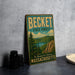 A vintage-style metal sign for Becket State Forest in Massachusetts, featuring a scenic landscape with pine trees and a lake.