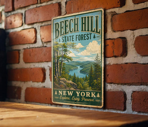 A vintage-style metal sign for the Beech Hill State Forest in New York, featuring a scenic landscape with trees, a river, and mountains.