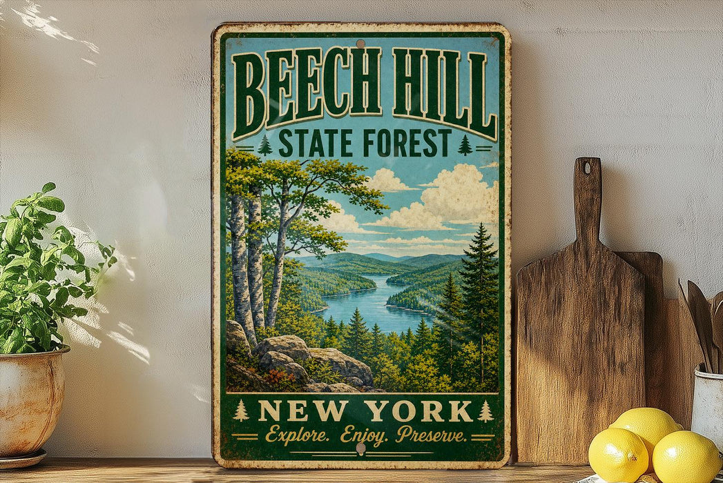A vintage-style sign for Beech Hill State Forest in New York, featuring a scenic landscape with a river, mountains, and pine trees.