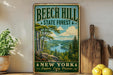 A vintage-style sign for Beech Hill State Forest in New York, featuring a scenic landscape with a river, mountains, and pine trees.