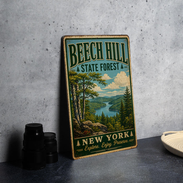 A vintage-style metal sign for Beech Hill State Forest in New York, featuring a scenic landscape with trees, a river, and mountains.