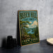 A vintage-style metal sign for Beech Hill State Forest in New York, featuring a scenic landscape with trees, a river, and mountains.