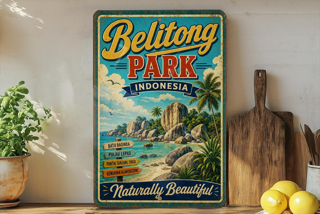 A vintage-style sign for Belitong Park, Indonesia, featuring a tropical beach scene with palm trees and rocky formations.