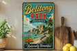 A vintage-style sign for Belitong Park, Indonesia, featuring a tropical beach scene with palm trees and rocky formations.