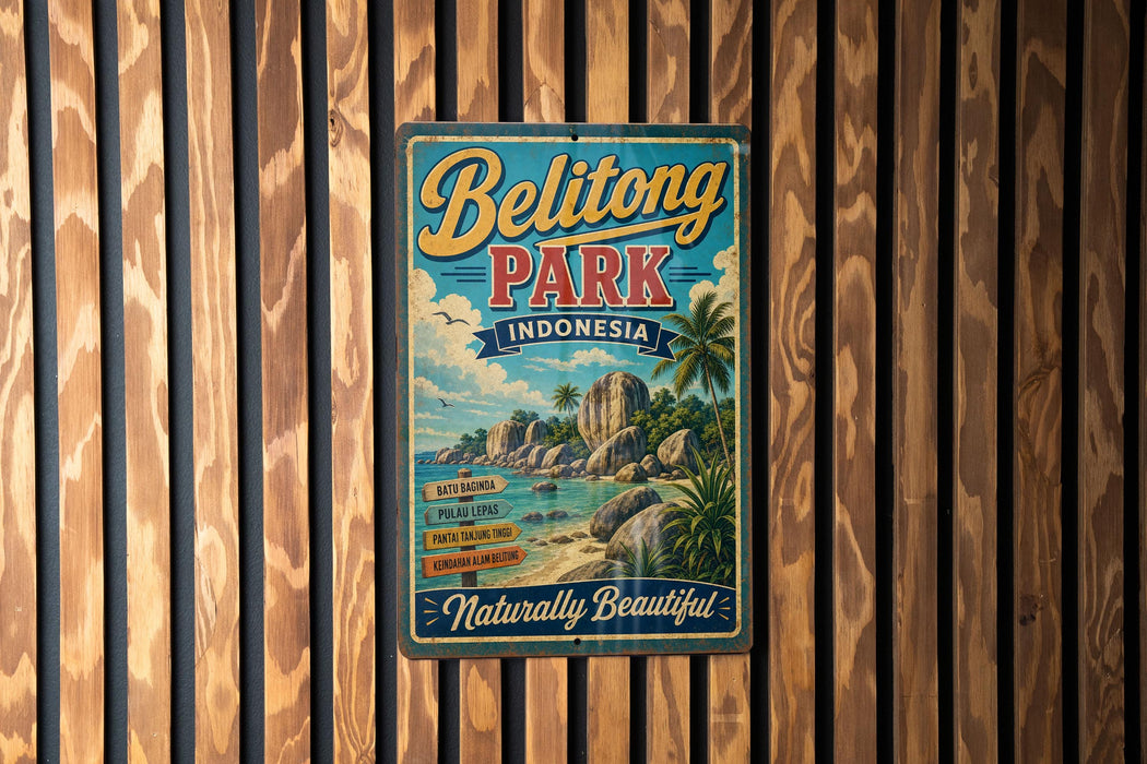 A vintage-style metal sign for Belitong Park in Indonesia, featuring a tropical beach scene with palm trees and rocks.