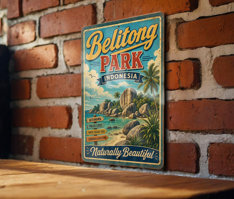 A vintage-style metal sign for Belitong Park, Indonesia, featuring a tropical beach scene with palm trees and rocks.