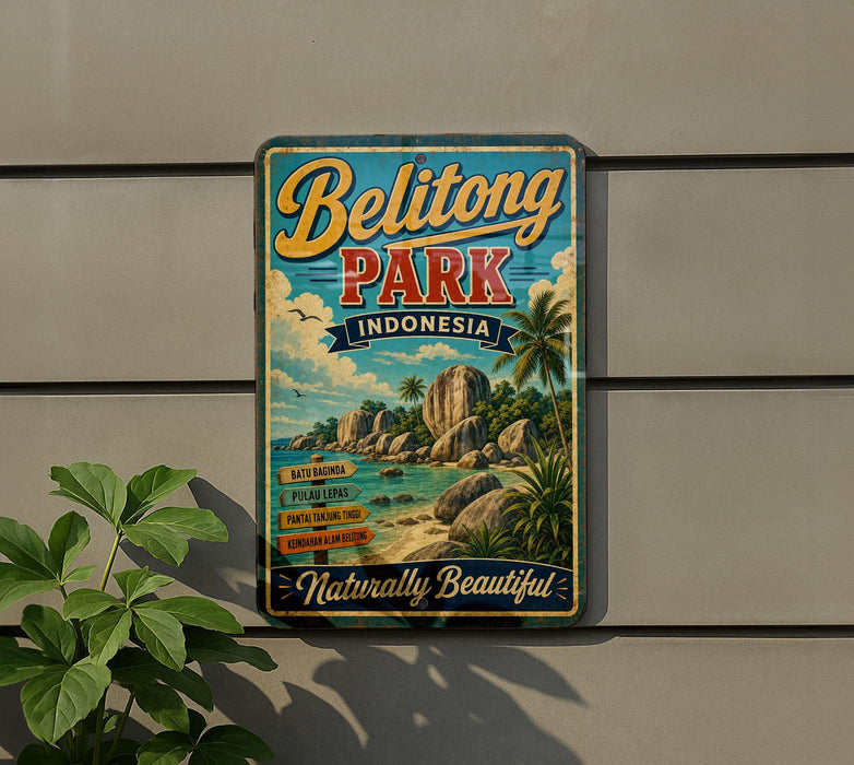 A vintage-style metal sign for Belitong Park in Indonesia, featuring a tropical beach scene with palm trees and rocks.