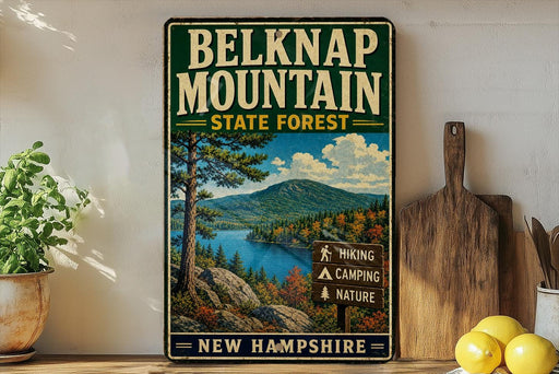 A vintage-style metal sign for Belknap Mountain, New Hampshire, featuring a scenic landscape with a mountain, lake, and forest.