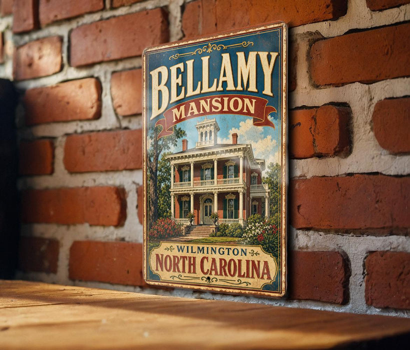 A vintage-style sign for Bellamy Mansion, a historic home located in Winston-Salem, North Carolina.