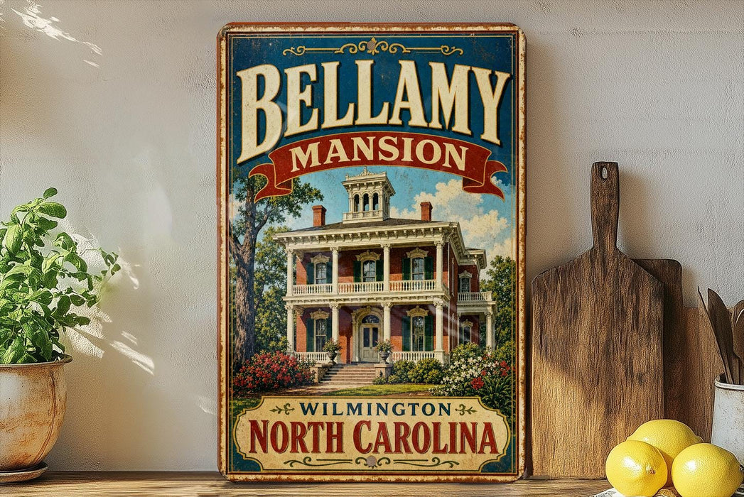 A vintage-style metal sign for Bellamy Mansion in Winston-Salem, North Carolina, featuring an illustration of the mansion surrounded by trees and flowers.