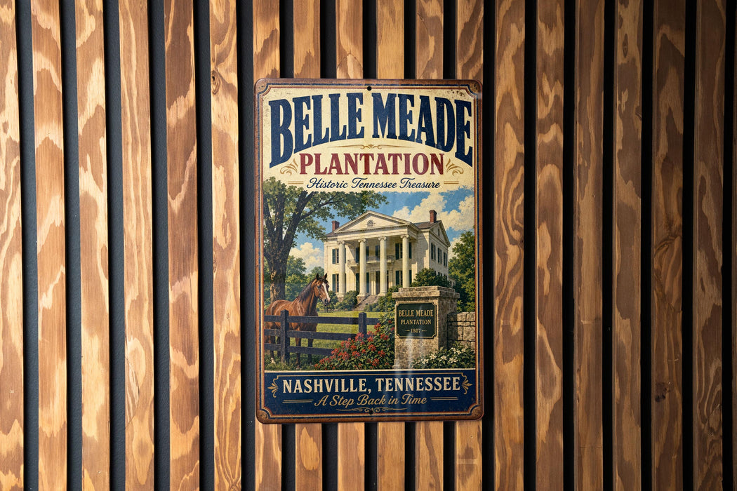 A vintage-style metal sign for Belle Meade Plantation in Nashville, Tennessee, featuring an illustration of a horse and a building surrounded by trees.