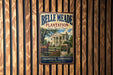 A vintage-style metal sign for Belle Meade Plantation in Nashville, Tennessee, featuring an illustration of a horse and a building surrounded by trees.