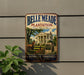 A vintage-style metal sign for Belle Meade Plantation in Nashville, Tennessee, featuring a large image of the plantation building and a horse.