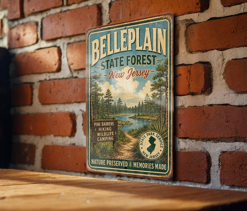 A vintage metal sign for Bellplain State Forest in New Jersey, featuring a scenic illustration of pine trees and a river.