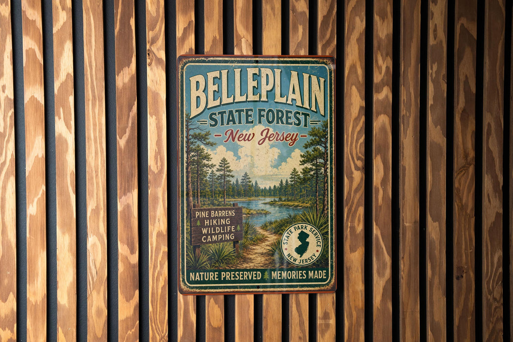 A vintage metal sign for Bellplain State Forest in New Jersey, featuring a scenic image of pine trees and a river.