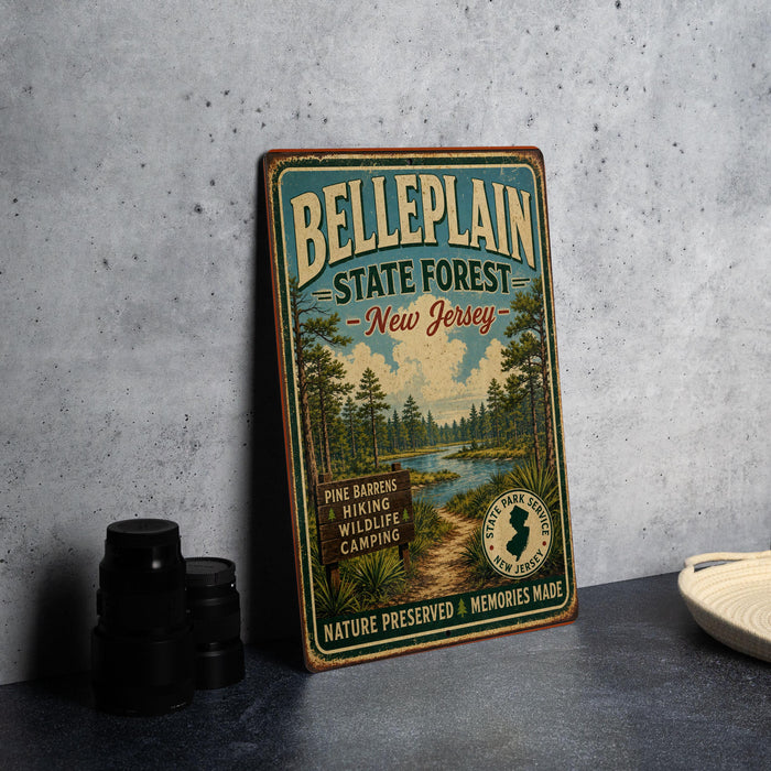 A vintage-style metal sign for Bellplain State Forest in New Jersey, featuring a scenic illustration of pine trees and a river.