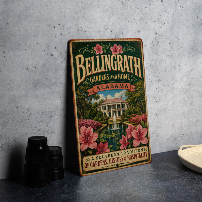 A vintage-style metal sign for Bellingrath Gardens and Home in Alabama, featuring a garden scene with a fountain and pink flowers.