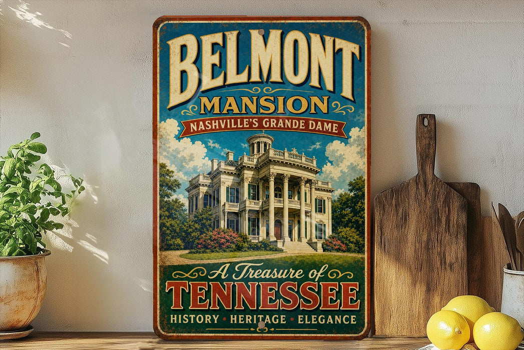 A vintage-style sign for Belmont Mansion in Nashville, Tennessee, featuring an illustration of the mansion and the text "Belmont Mansion Nashville's Grande Dame" and "A Treasure of Tennessee".