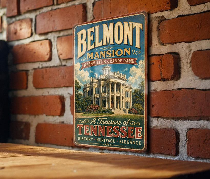 A vintage-style metal sign for Belmont Mansion in Nashville, Tennessee, featuring a large illustration of the mansion and the text "A Treasure of Tennessee" and "A Treasure of Elegance".