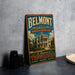 A vintage-style metal sign for Belmont Mansion in Nashville, Tennessee, featuring an illustration of the mansion and the text "Belmont, Tennessee, A Treasure of Tennessee, History, Heritage, Elegance".