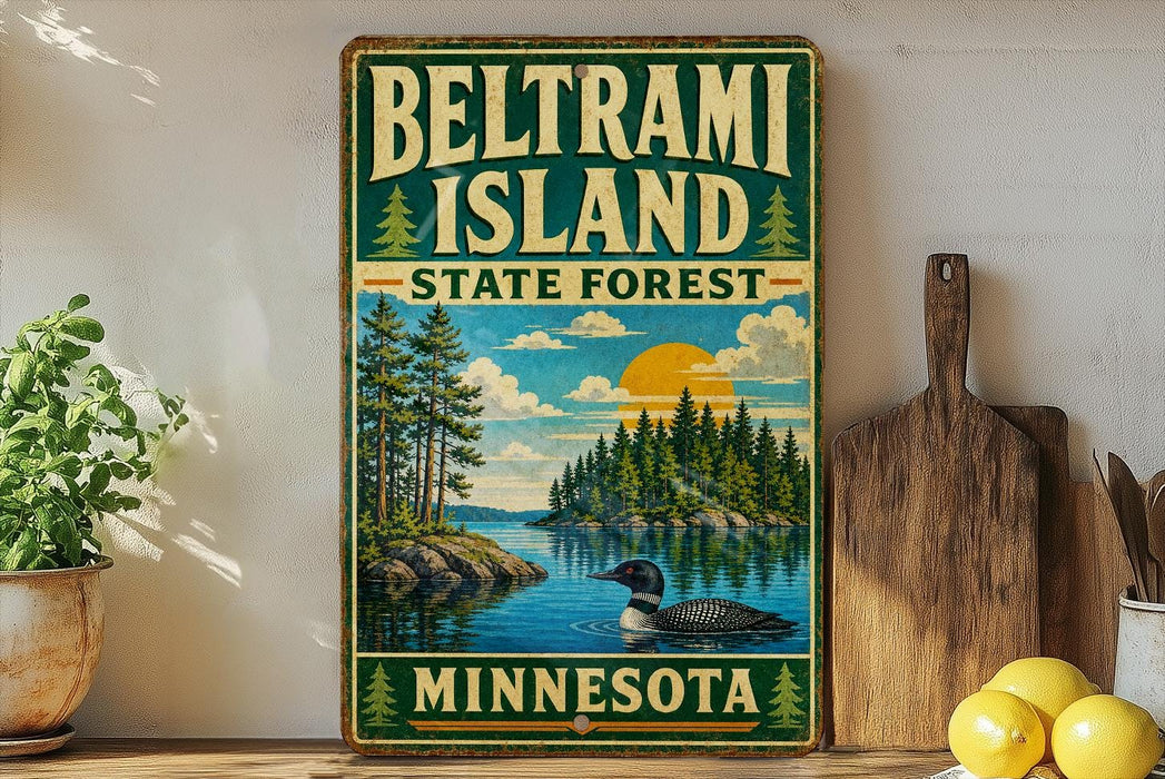 A vintage-style sign for Beltrami Island, Minnesota, featuring a scenic landscape with a lake, trees, and a loon.
