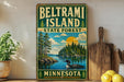 A vintage-style sign for Beltrami Island, Minnesota, featuring a scenic landscape with a lake, trees, and a loon.
