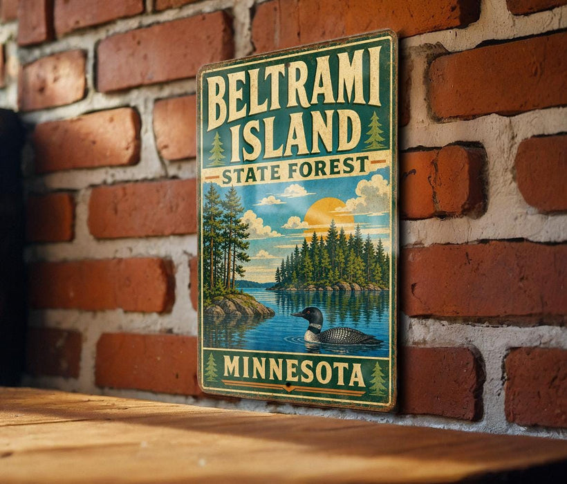A vintage metal sign for Beltrami Island, Minnesota, featuring a scenic landscape with a lake, trees, and a duck.