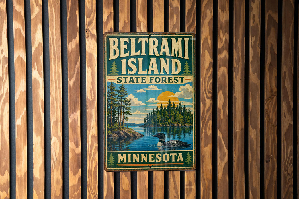 A vintage metal sign for Beltrami Island, Minnesota, featuring a scenic landscape with a lake, trees, and a bird.