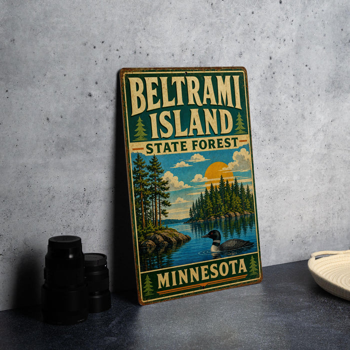 A vintage-style sign for Beltrami Island, Minnesota, featuring a scenic landscape with a lake, trees, and a bird.