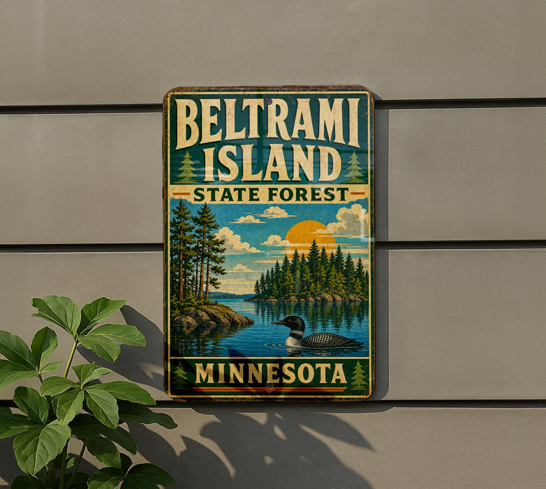 A vintage-style metal sign for Beltrami Island, Minnesota, featuring a scenic landscape with a lake, trees, and a duck.