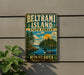 A vintage-style metal sign for Beltrami Island, Minnesota, featuring a scenic landscape with a lake, trees, and a duck.